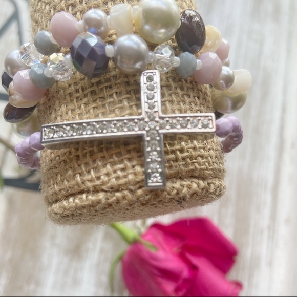 Alquimia Jewelry - TRINITY CROSS PAVE PEARL BOHO BRACELET SET